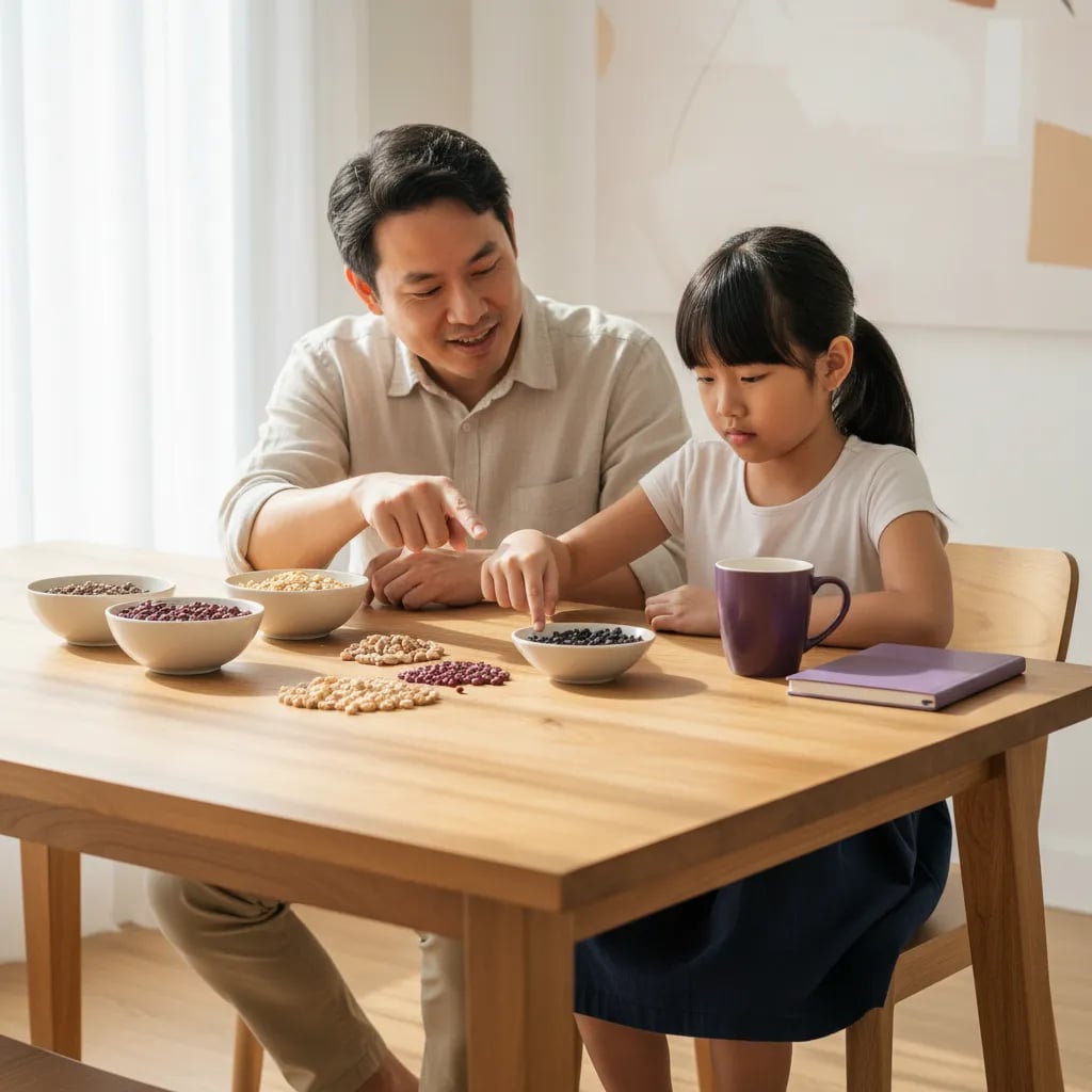 Malaysian girl in Tahun 2 grouping beans into tens with her father to fix place value