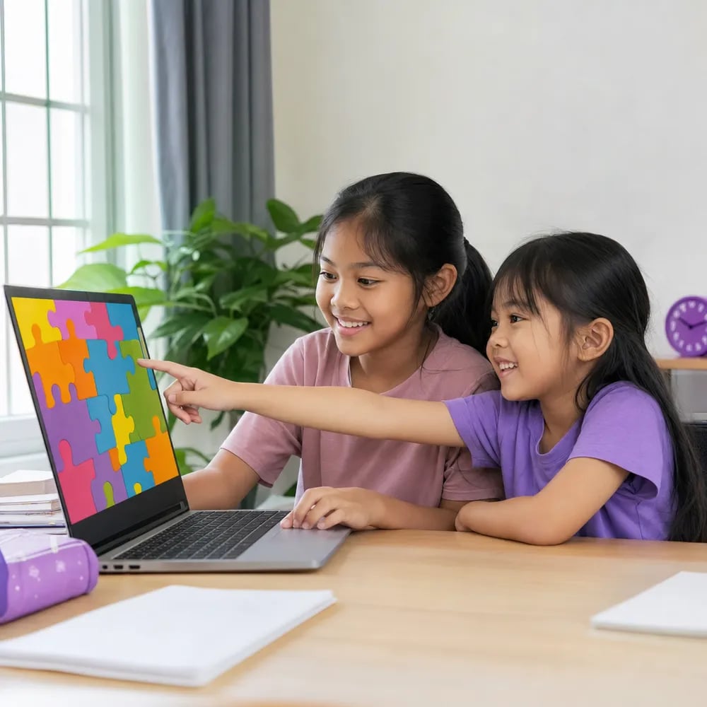 Malaysian girl aged 10 explaining a colourful puzzle game on a laptop to her younger cousin at home