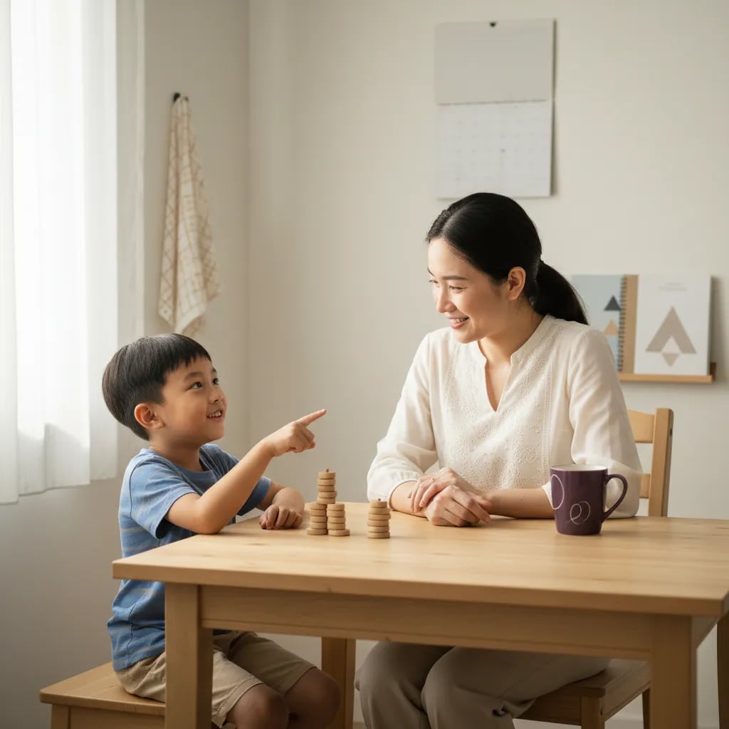 Ibu dan anak lelaki Tahun 1 di Malaysia mengira susunan kepingan kayu di rumah