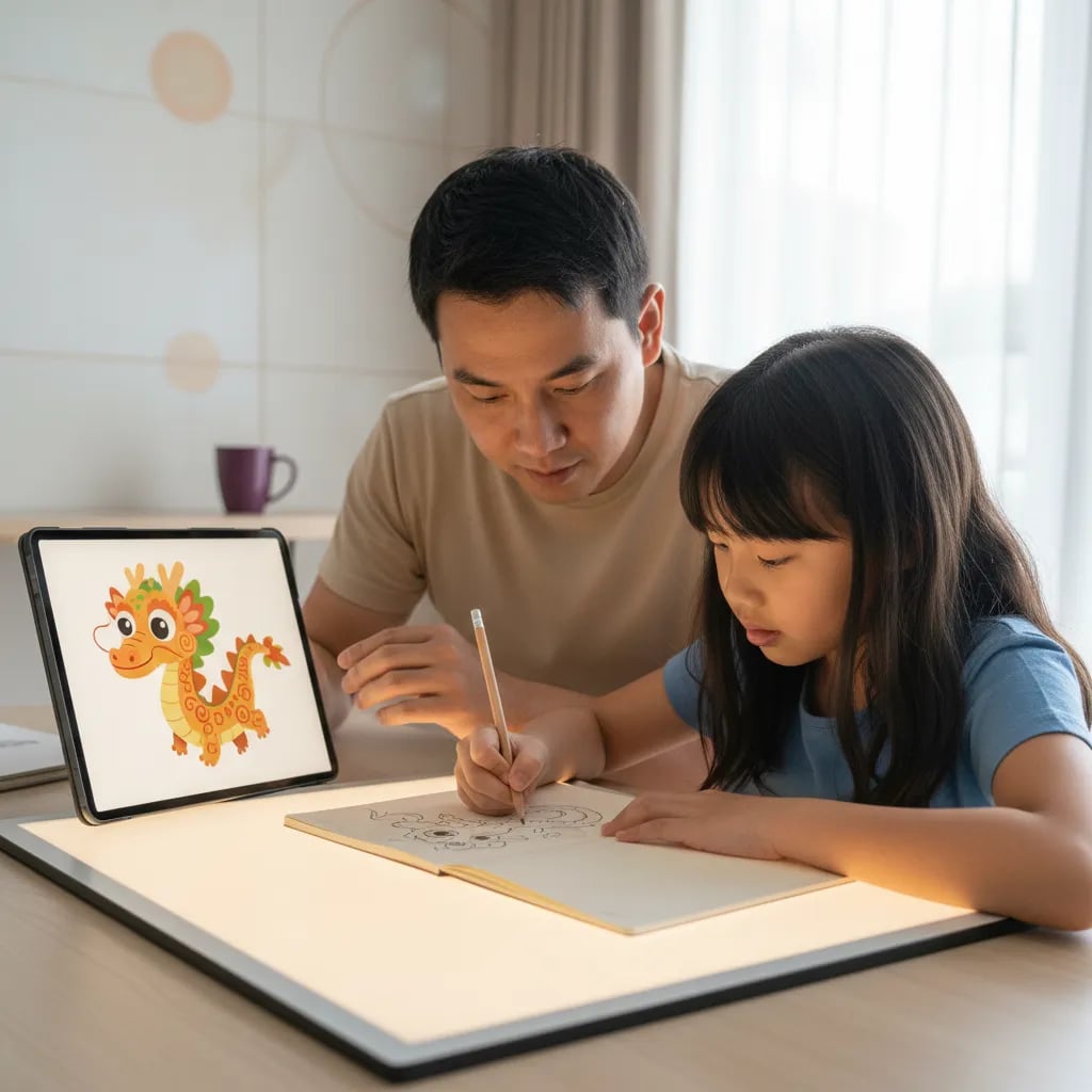 Malaysian girl sketching a dragon in pencil while her father sits beside her with a tablet