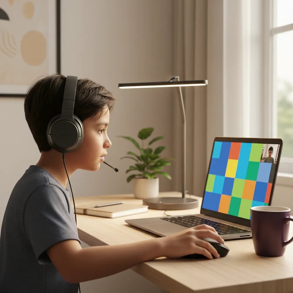 Malaysian boy about 9 years old with headphones coding on a laptop at a home desk during a live online lesson