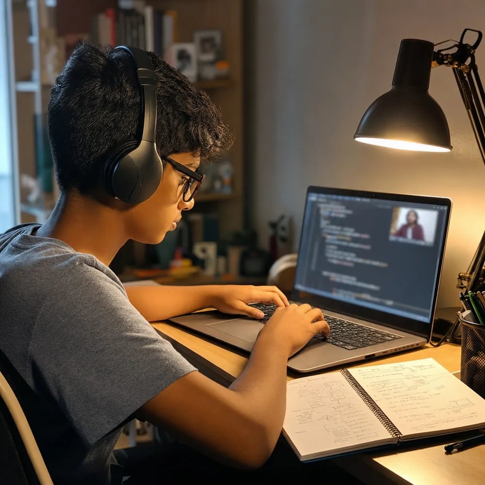 Remaja Malaysia memakai fon kepala menulis kod Python pada komputer riba semasa kelas komputer dalam talian