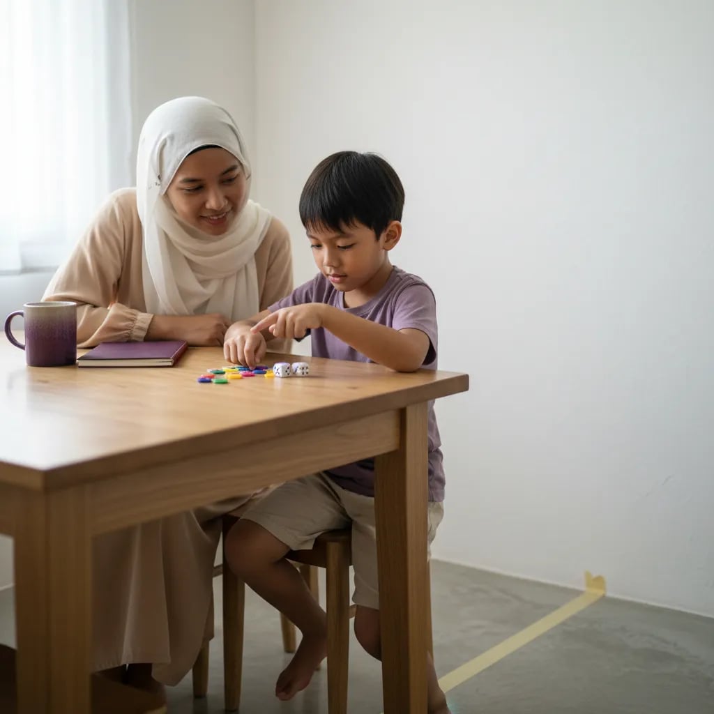 Anak Tahun 1 belajar tambah dan tolak dengan dadu, butang dan garis nombor di rumah