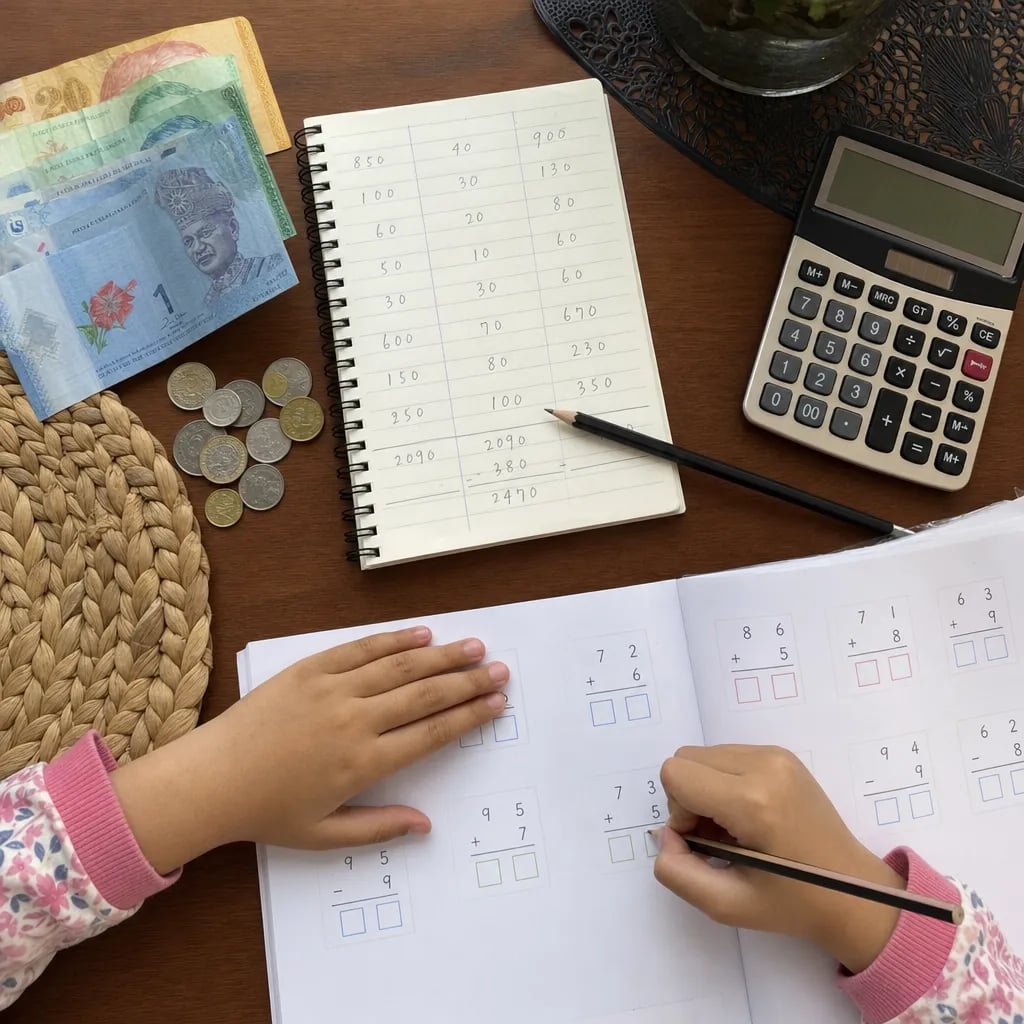 Monthly tuition budget on a table with Malaysian ringgit notes, a calculator, a notepad and a child's maths workbook