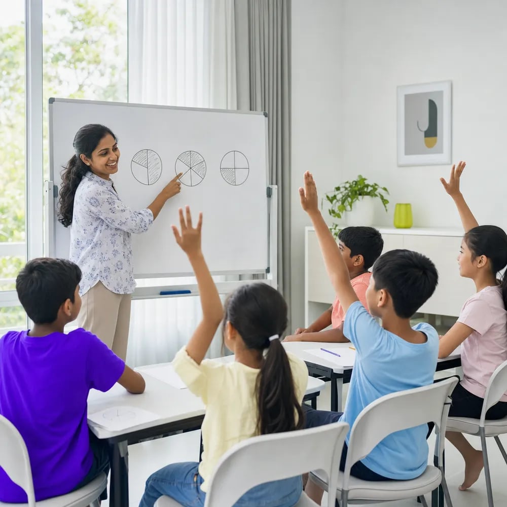 Kelas tuisyen kumpulan kecil di Malaysia, guru menerangkan pecahan kepada murid sekolah rendah