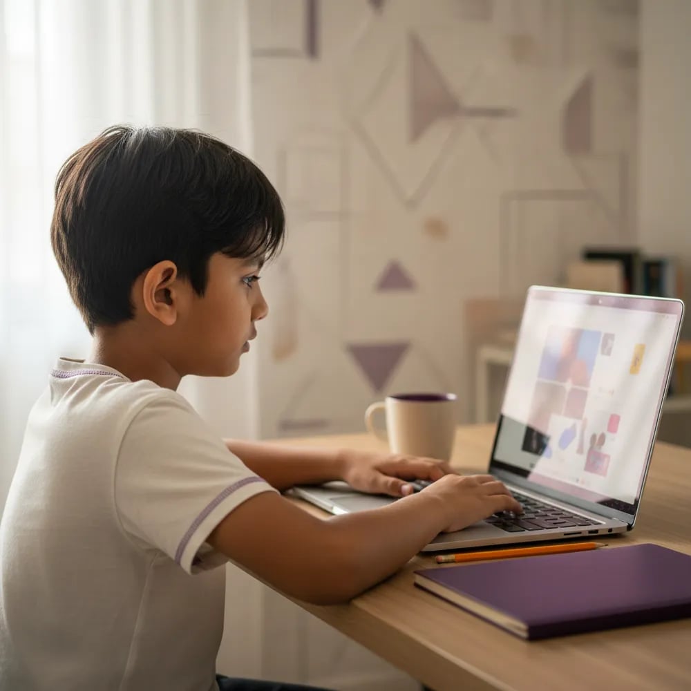 A Year 2 child aged 8 joining an online math class from home with an exercise book
