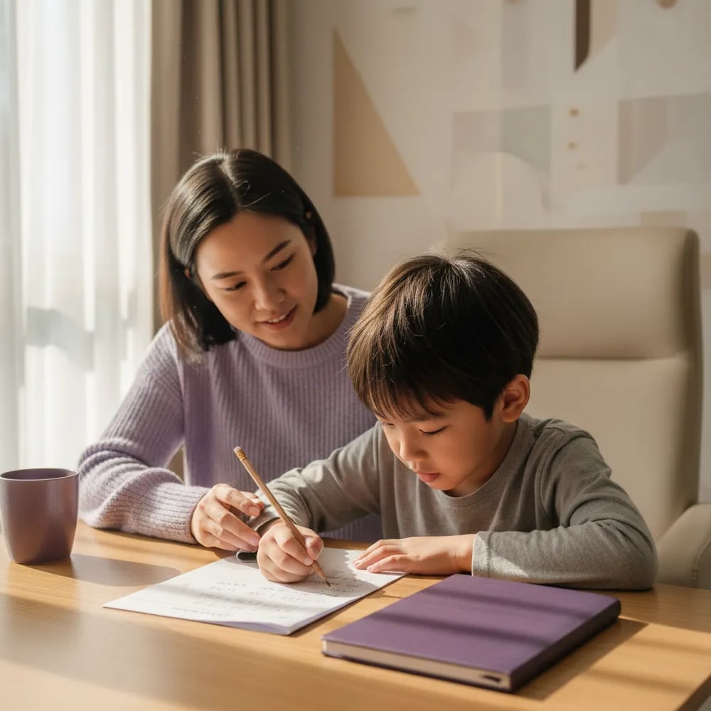 A 7 year old Year 1 child in Malaysia doing a math worksheet at home with her mother