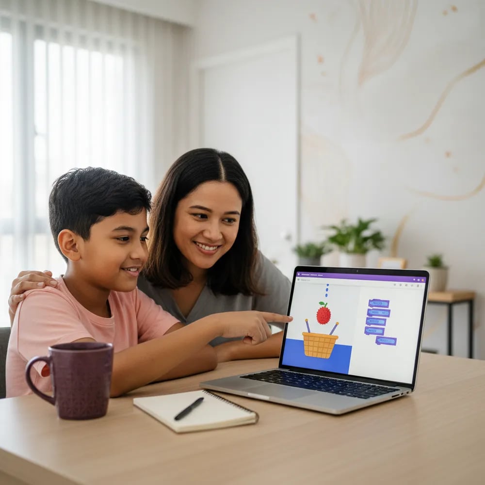 Boy shows his mother a Scratch catch game he built on a laptop