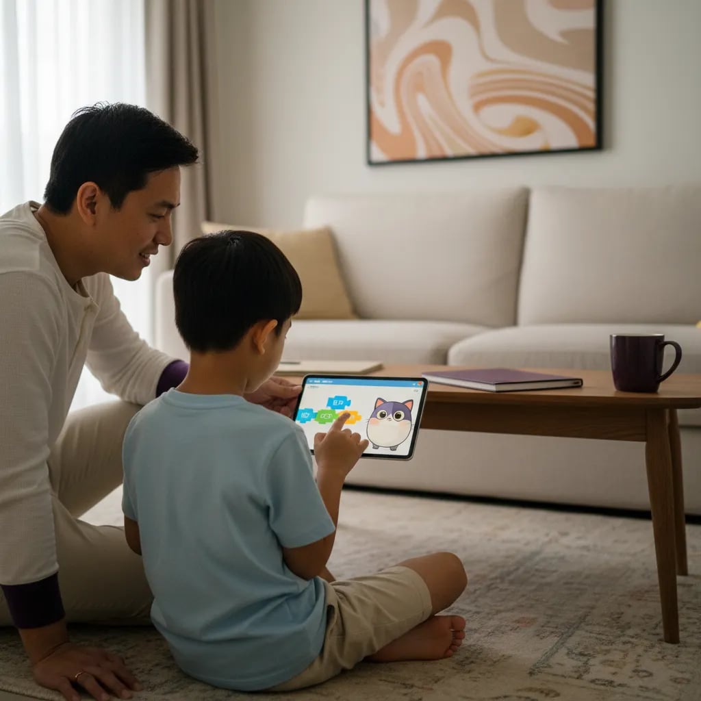 Father watches his young son tap a tablet with colourful ScratchJr blocks on the living room rug