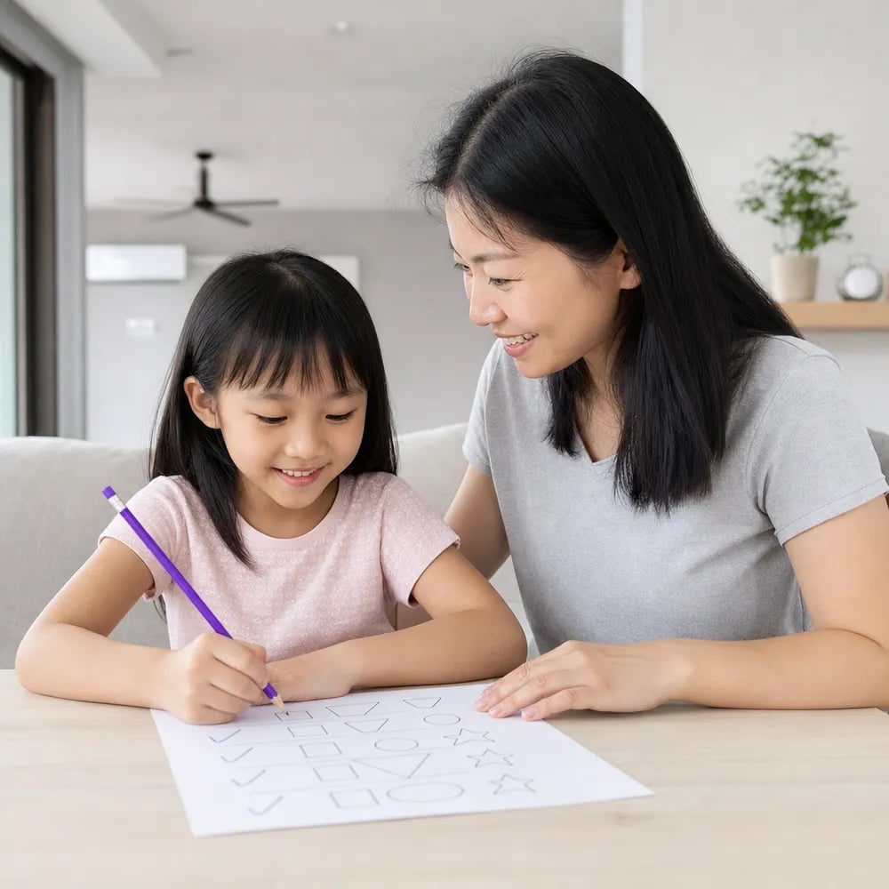 Ibu dan anak perempuan di Malaysia menyemak lembaran latihan matematik yang sudah siap di rumah