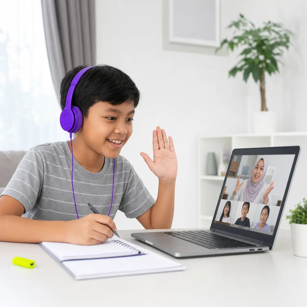Malaysian boy answering the teacher in a live small online class on a laptop at home