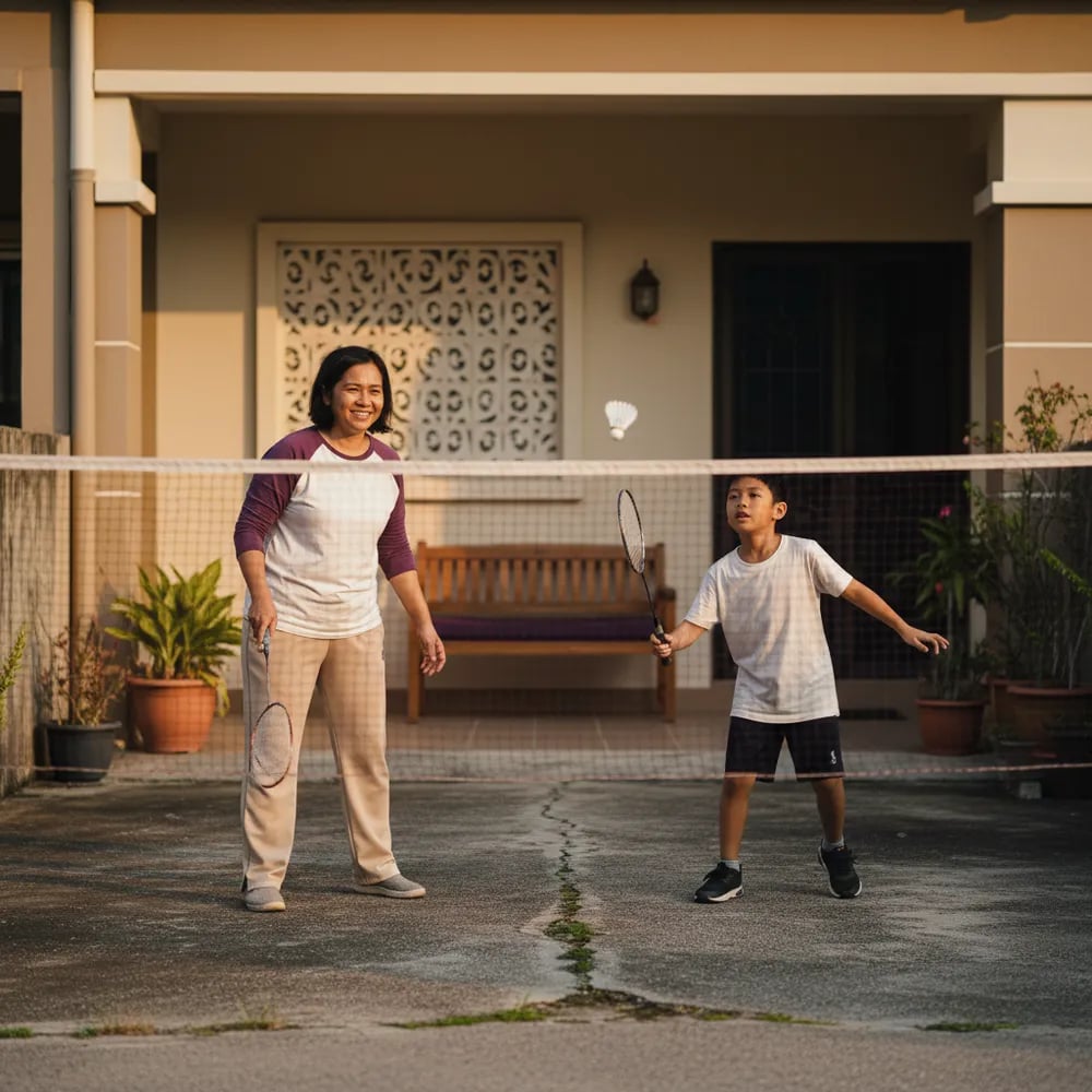 Malaysian mother and son aged about 10 playing badminton in the yard after dinner on a class-free evening