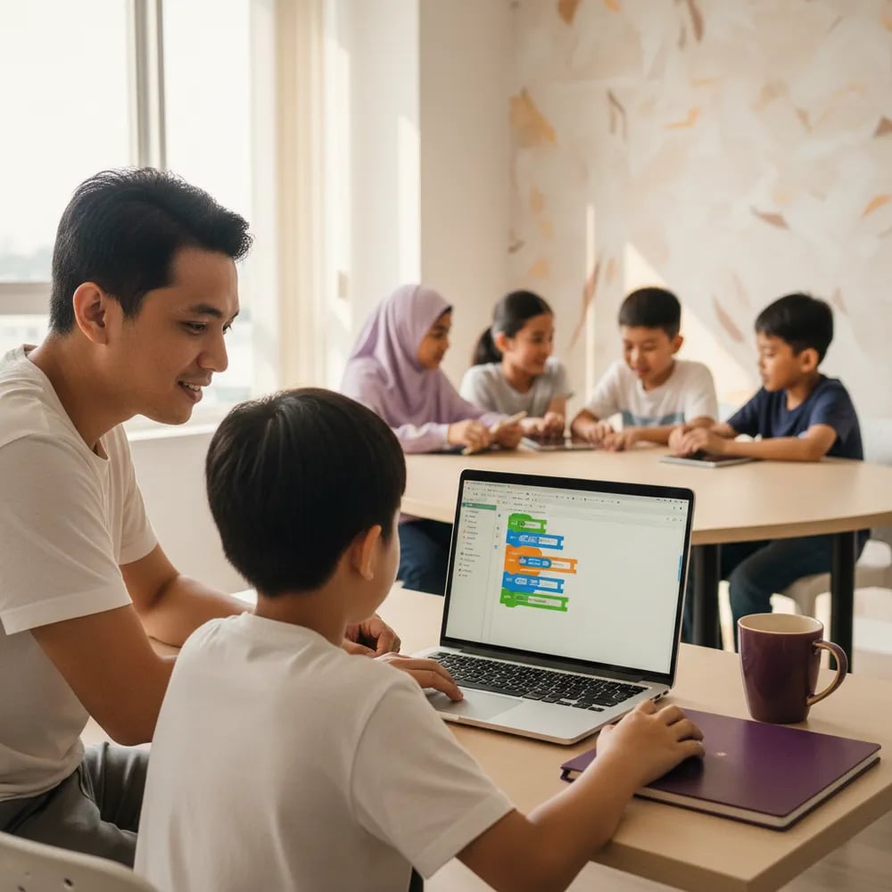 Malaysian father and son working on a Scratch project together on a laptop at home