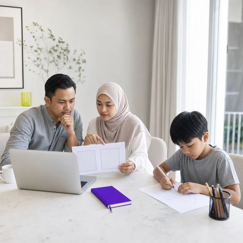 Malaysian parents comparing free and paid online tuition options on a laptop at home
