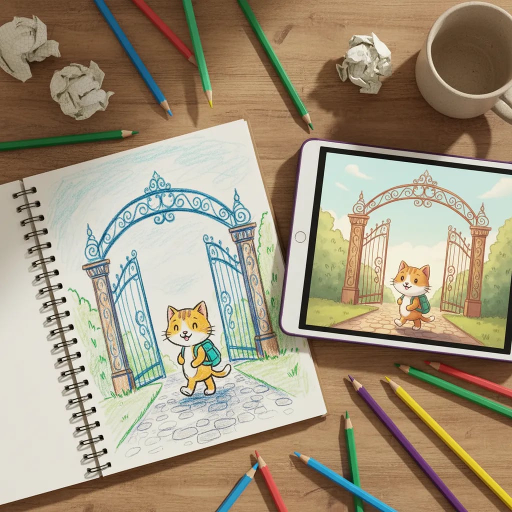 Child's notebook sketch beside a ScratchJr scene of a cat walking to a school gate