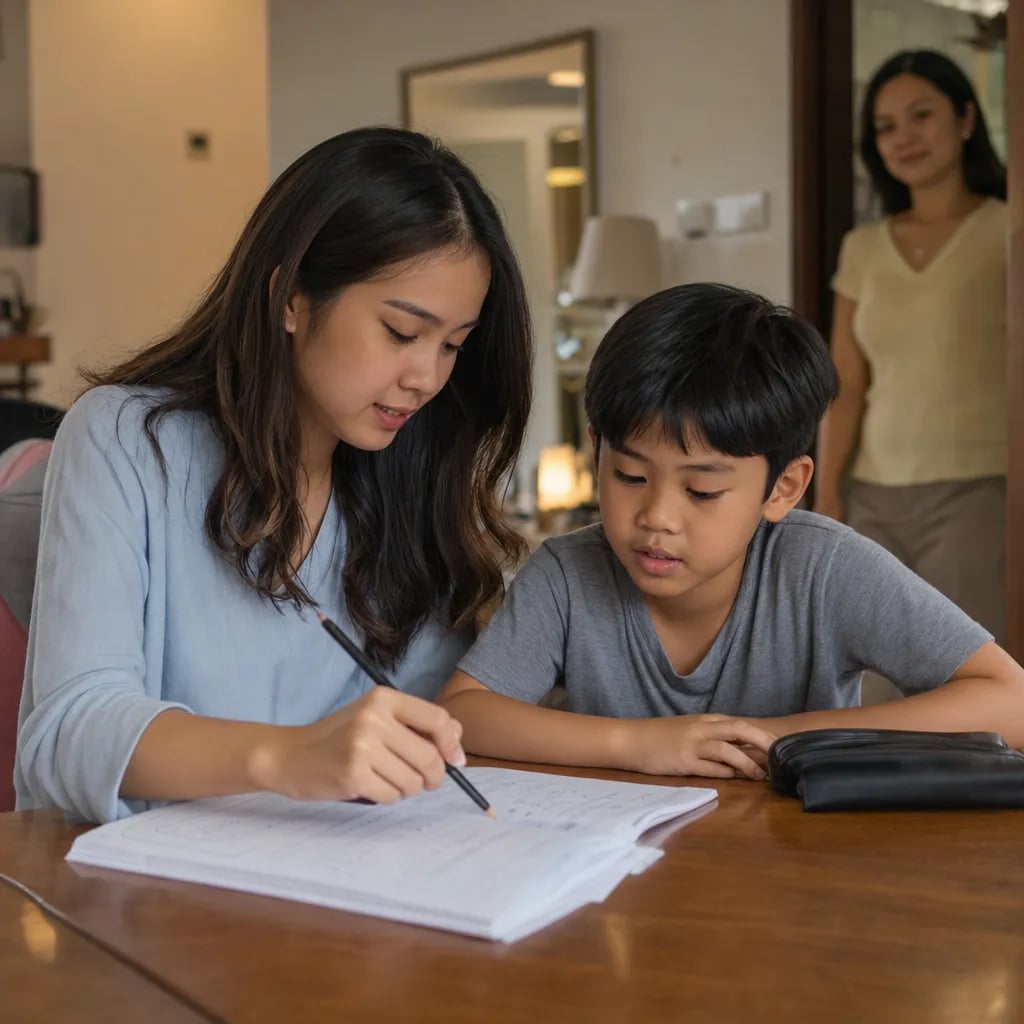 Home tutor and 7 year old Malaysian boy studying a maths workbook at a living room table with a parent nearby