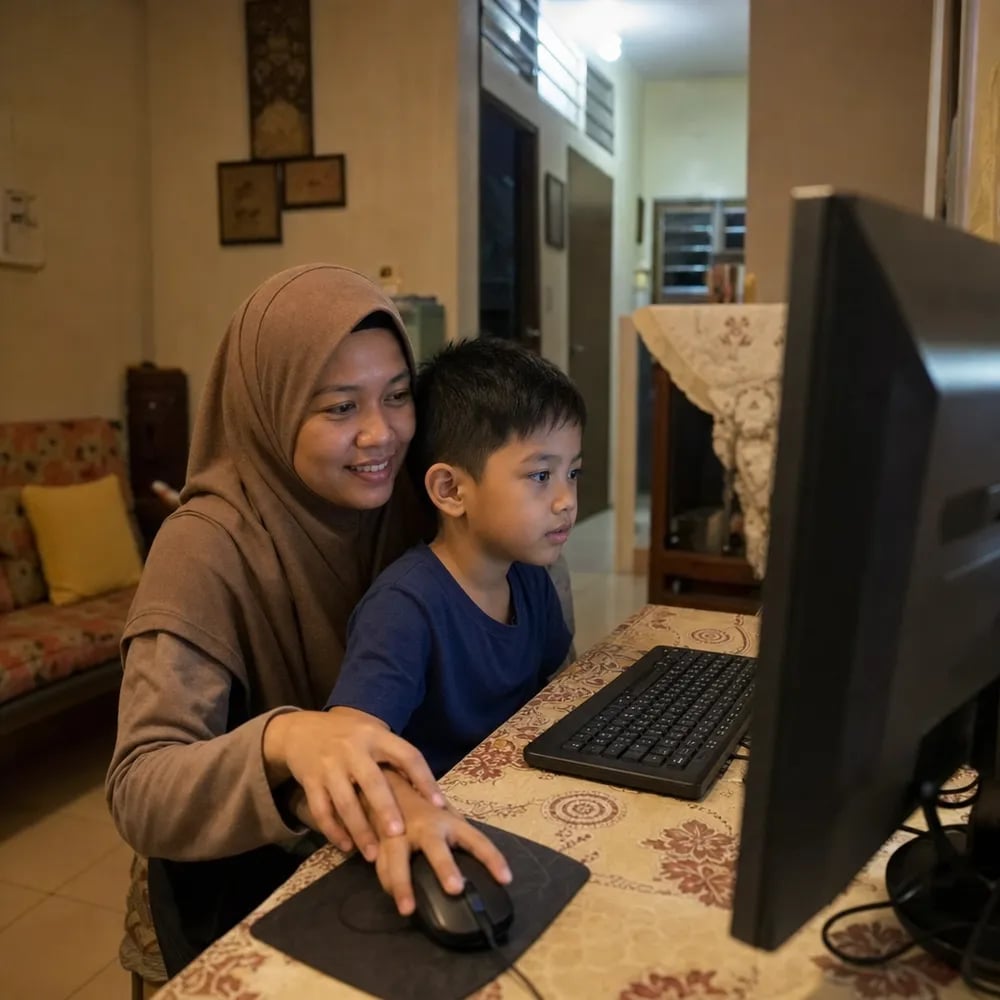 Ibu bertudung membimbing anak lelakinya yang berumur 6 tahun menggunakan tetikus komputer di meja rumah