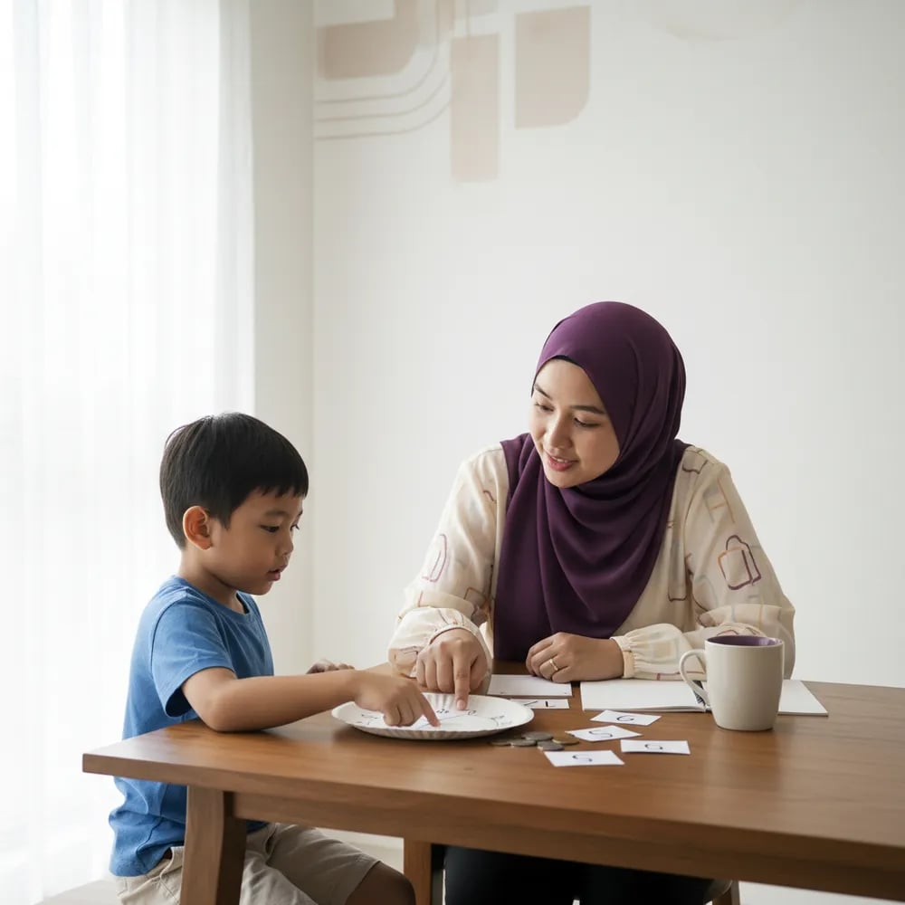 ibu dan anak lelaki berumur 7 tahun di meja dapur dengan kad nombor, syiling dan jam kertas semasa sesi matematik cuti sekolah