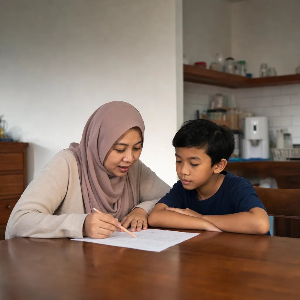 Malaysian parent and 8 year old boy reviewing mistakes on a school maths test at a kitchen table