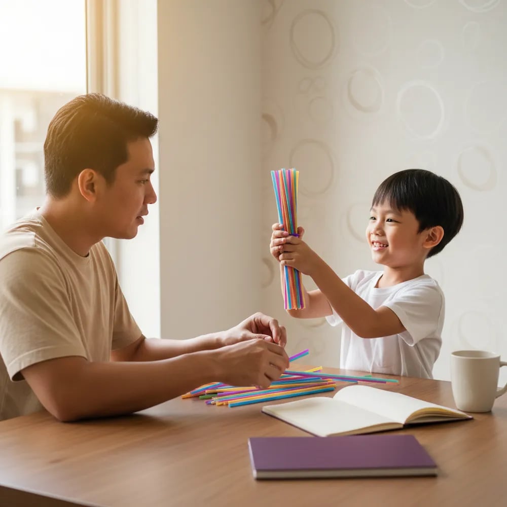Father and son grouping straws into tens to practise Tahun 1 place value at home