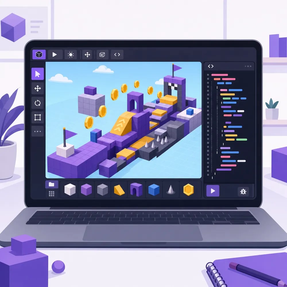 A Roblox-style game studio open on a laptop, showing a blocky obstacle course and a script panel