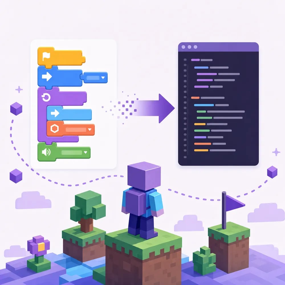 A learning path from colourful drag-and-drop code blocks on the left to text-based script on the right