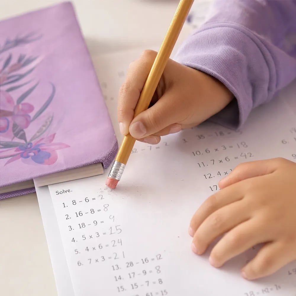 Lembaran kerja matematik kanak-kanak dengan beberapa jawapan dipadam dan ditulis semula, menunjukkan usaha dan kesilapan biasa