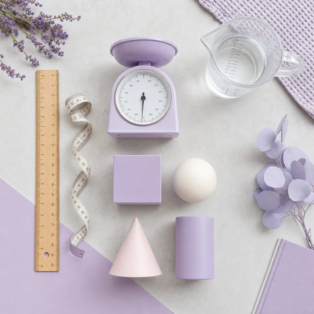 Pembaris, pita ukur, penimbang dapur, bikar penyukat dan bentuk geometri pastel di atas meja cerah