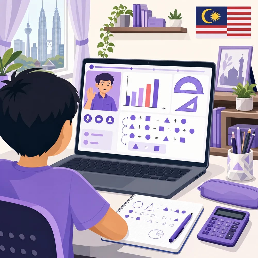 Seorang anak di Lembah Klang menyertai kelas matematik dalam talian langsung dari rumah di KL — guru bertauliah yang sama, tanpa kesesakan.