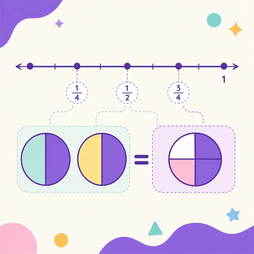 Number line marked with 1/4, 1/2 and 3/4, next to circles split into halves and quarters showing equivalent fractions