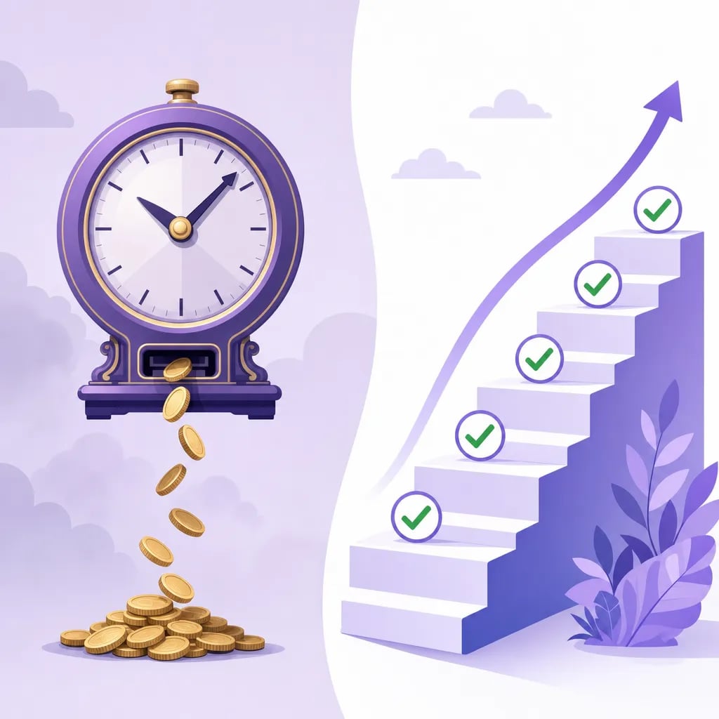 Comparison between a clock draining coins hour after hour and a learning staircase with marked progress