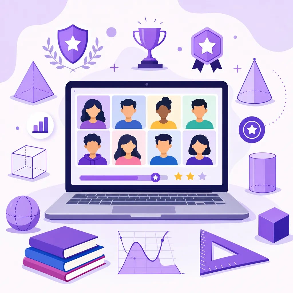 Screen of a small-group online math class with a progress bar, stars and gamification achievements