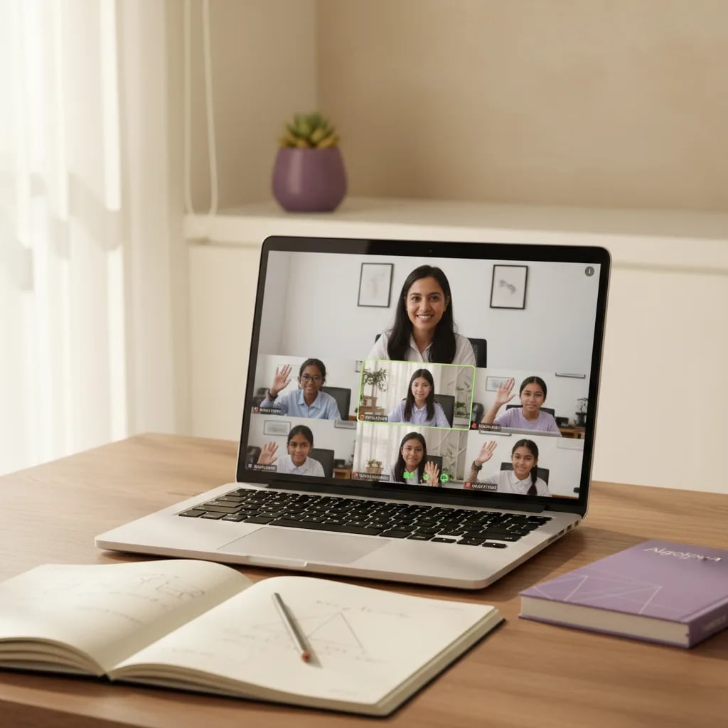 A laptop on a home desk showing a live online maths class with a teacher and a small group