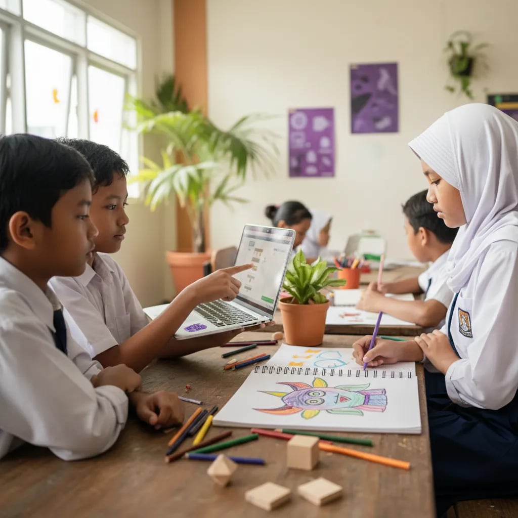 Two children working on a coding project together with a laptop and sketches
