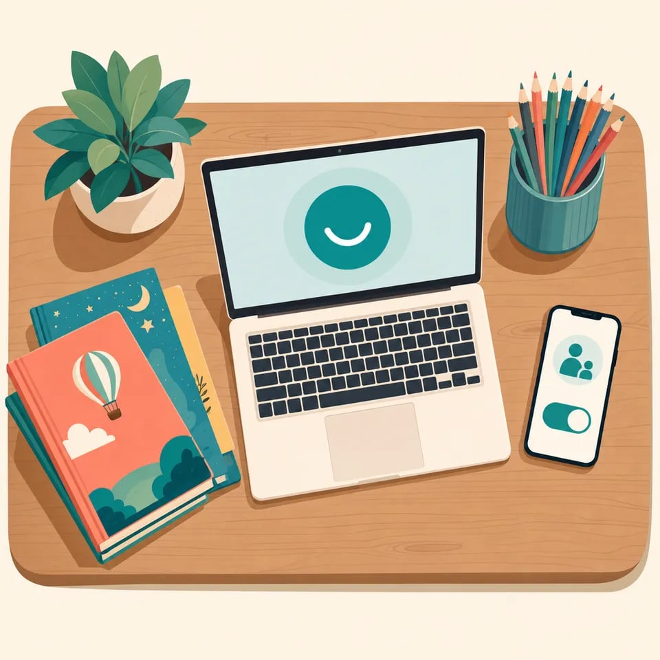 Meja anak dengan laptop parental control, buku, dan tanaman