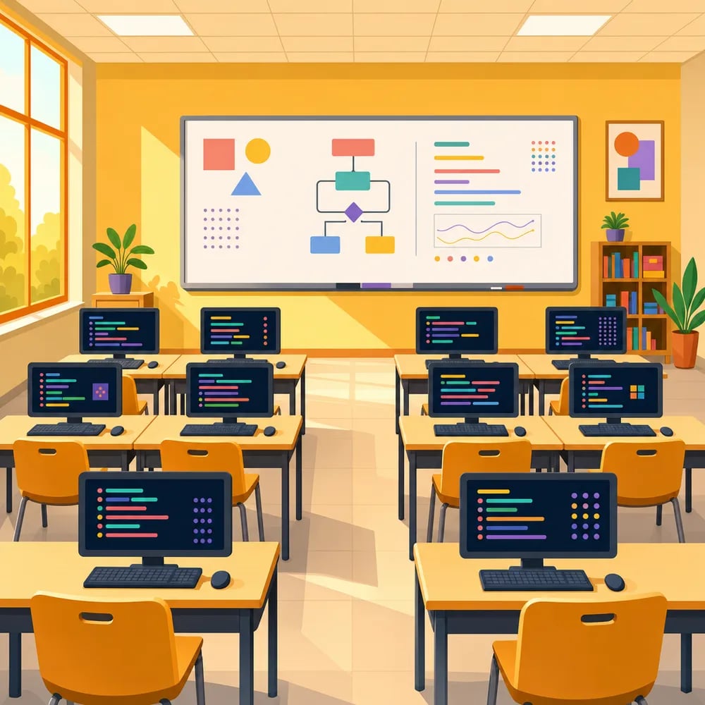 In-person coding class: rows of student desks with monitors, whiteboard behind, a warm and quiet room.