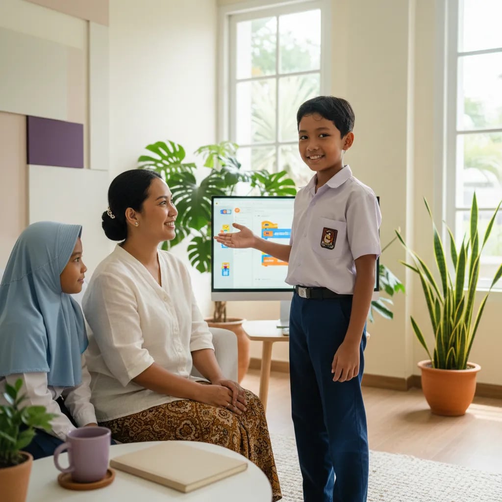 Anak menunjukkan hasil proyek animasi Scratch ke orang tua