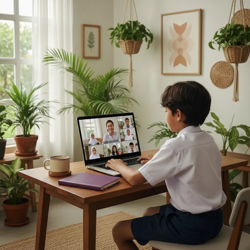 Anak mengikuti kelas online LIVE bersama guru di laptop