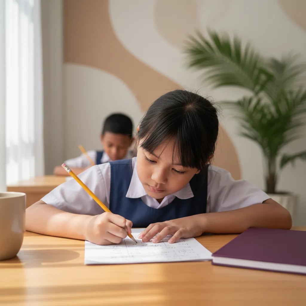Anak menulis soal matematika di lembar kerja dengan pensil