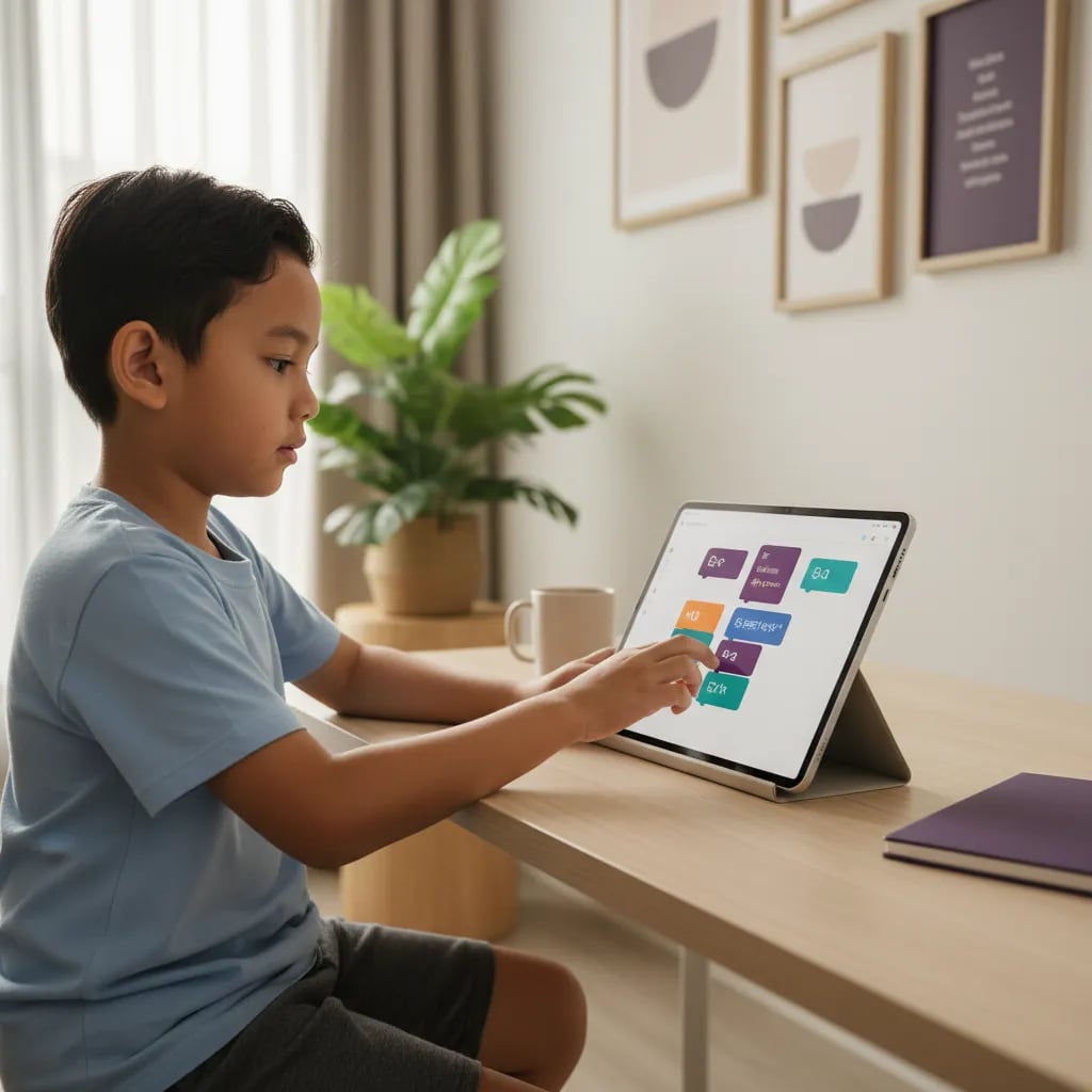 Anak menyusun blok kode Scratch berwarna di layar tablet