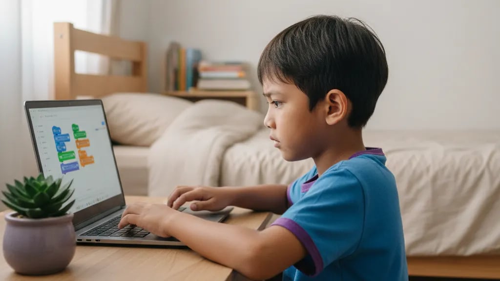 Indonesian boy aged eight building a simple game on a laptop at his desk at home