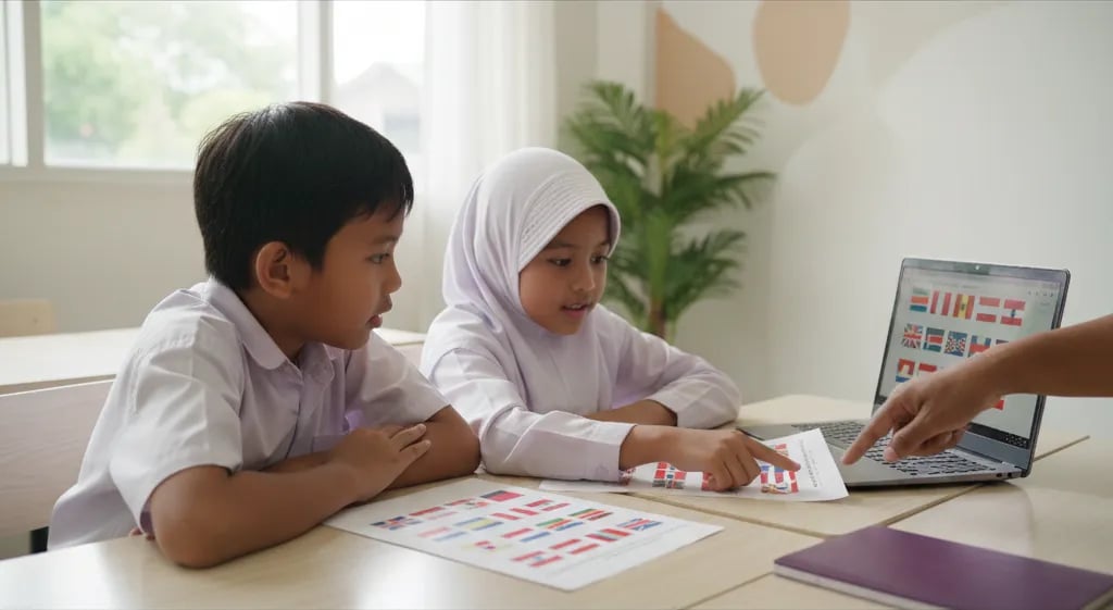 Dua anak SD di Indonesia membahas soal pola bendera bertipe Bebras bersama guru
