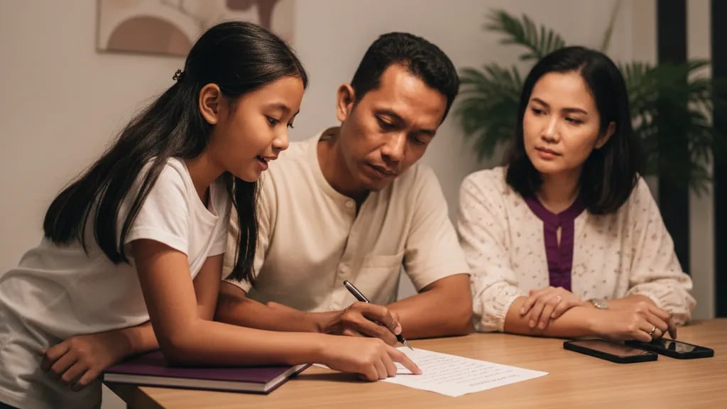 Indonesian parents and their daughter writing a screen time agreement on paper at the kitchen table
