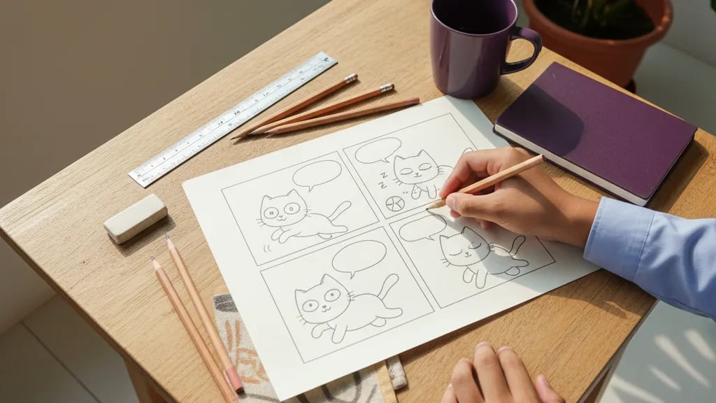 A four-panel comic about a cat drawn in pencil on paper