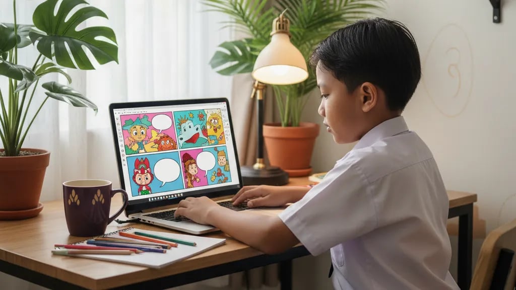 A child arranging colorful digital comic panels with speech bubbles on a laptop