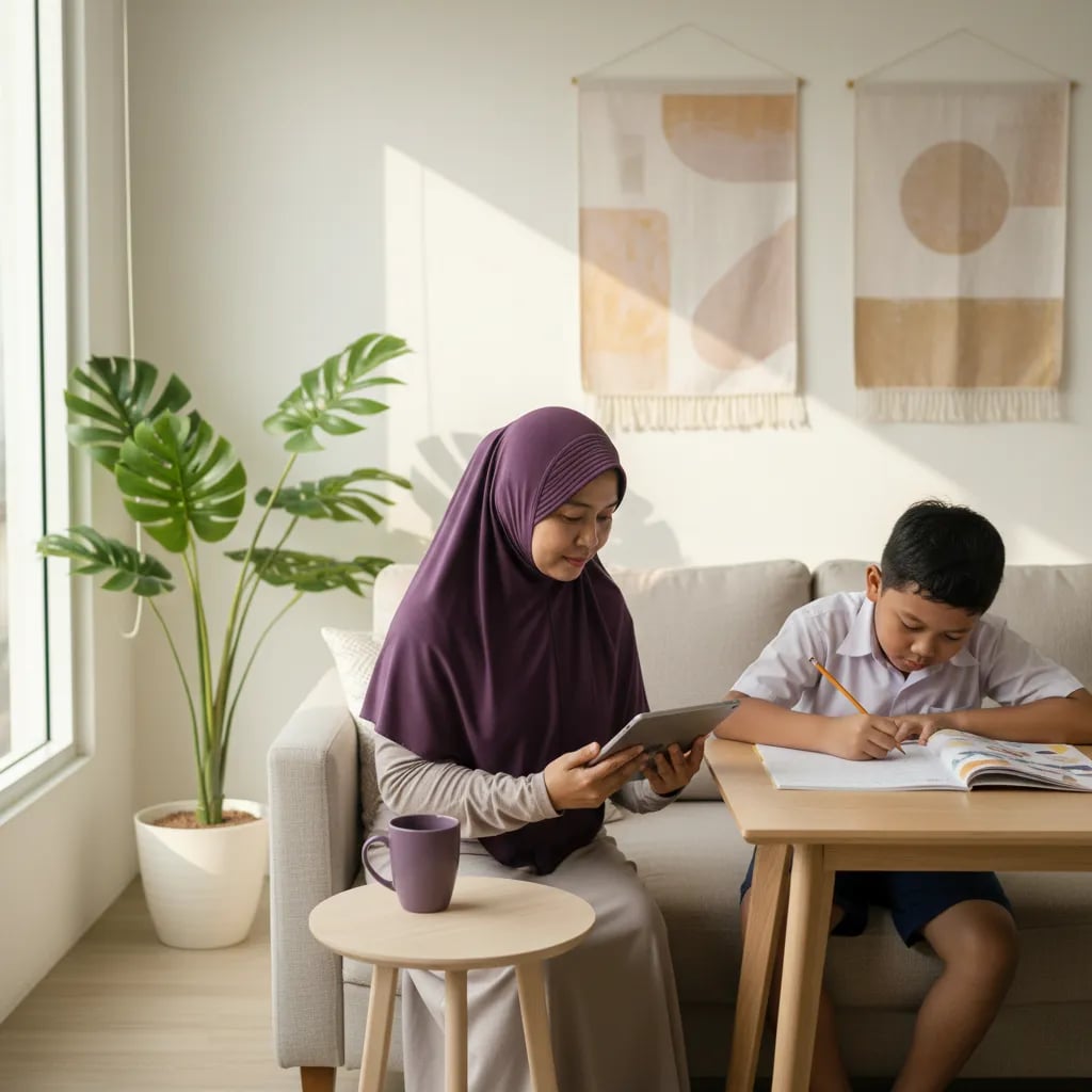 Ibu membaca laporan perkembangan belajar di tablet sementara anak SD mengerjakan tugas