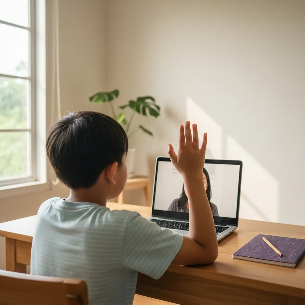 Anak SD mengangkat tangan saat kelas bimbel online live bersama guru di laptop
