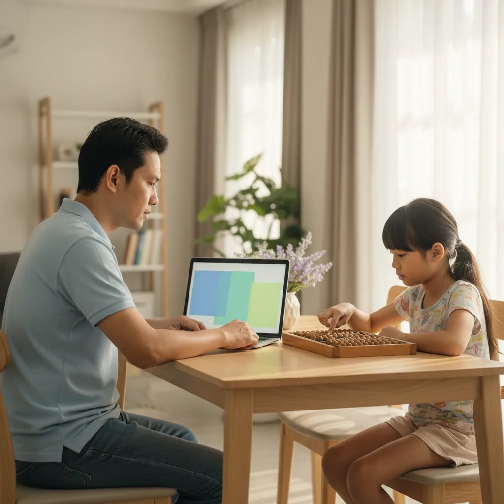 Father checking a class schedule on a laptop while his daughter slides beads on an abacus at the table