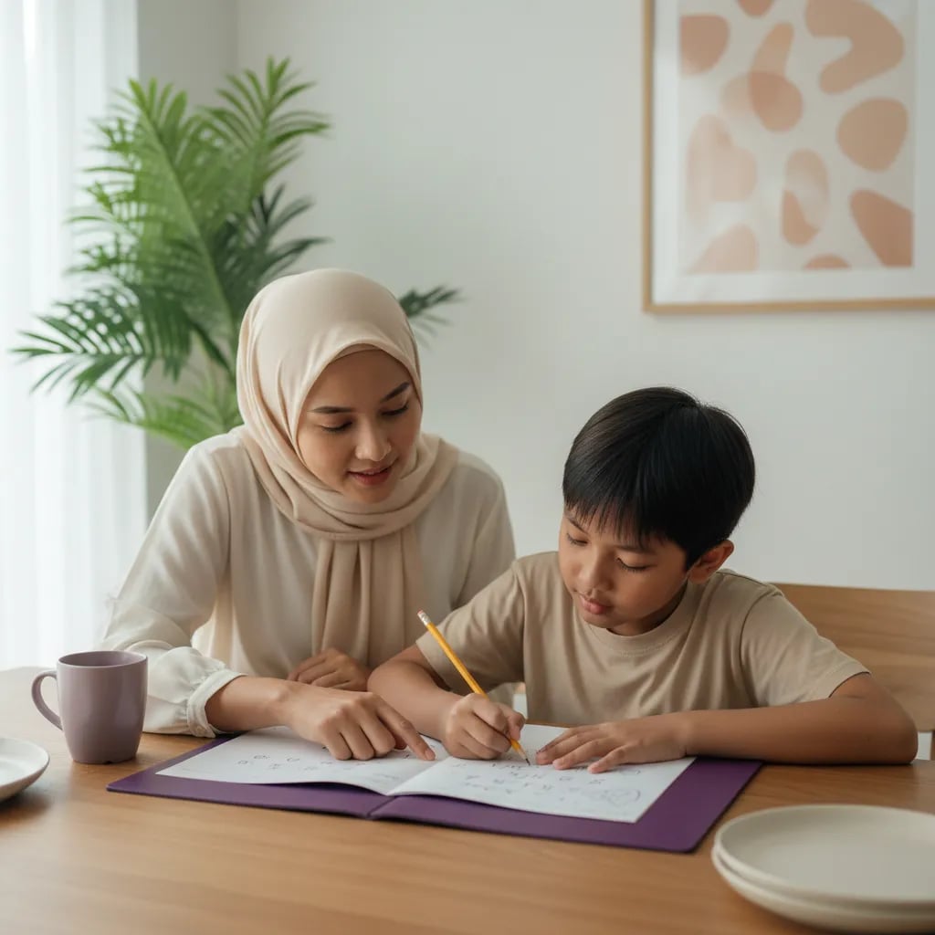 A mother sitting next to her primary school child who is working on math problems in a notebook