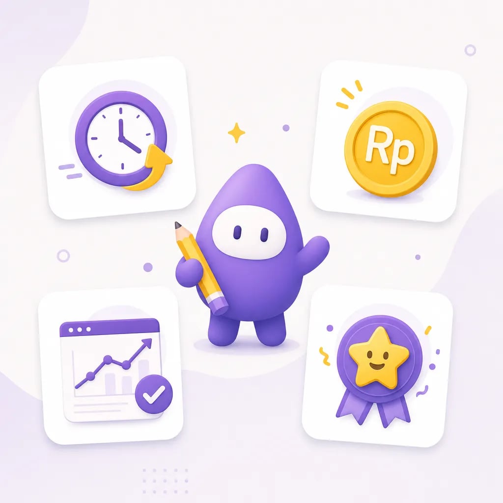Ilustrasi kelebihan les matematika online: hemat waktu tanpa antar-jemput, biaya lebih ringan, laporan progress, dan gamifikasi